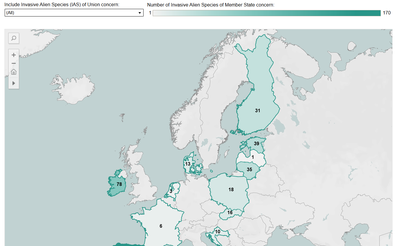 Number of Invasive Alien Species (IAS) of Member State concern per Member State